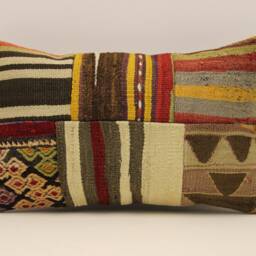 Turkish Kilim Pillow Cover Vintage Wool Patchwork Lumbar, 12x20 - thumbnail 2