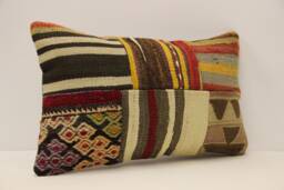 Turkish Kilim Pillow Cover Vintage Wool Patchwork Lumbar, 12x20 - thumbnail 1