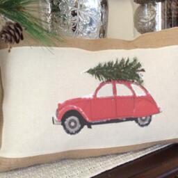 Christmas Tree Car Burlap Pillow Cover - Holiday Lumbar - 12x18 - thumbnail 2