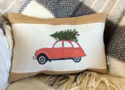 Christmas Tree Car Burlap Pillow Cover - Holiday Lumbar - 12x18 - thumbnail 1