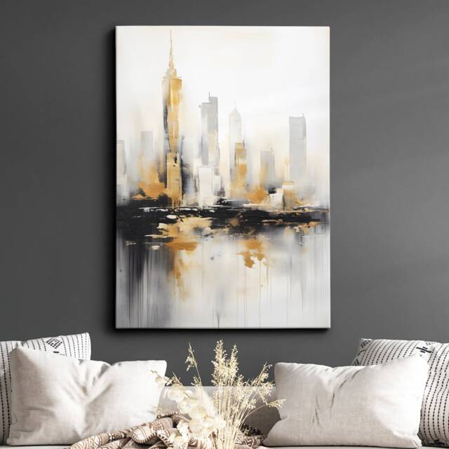 New York City Skyline Gold Nyc Usa Abstract Oil Painting Framed Poster Print & Canvas Wall Decor Art Bedroom Home Interior Gift - image 1
