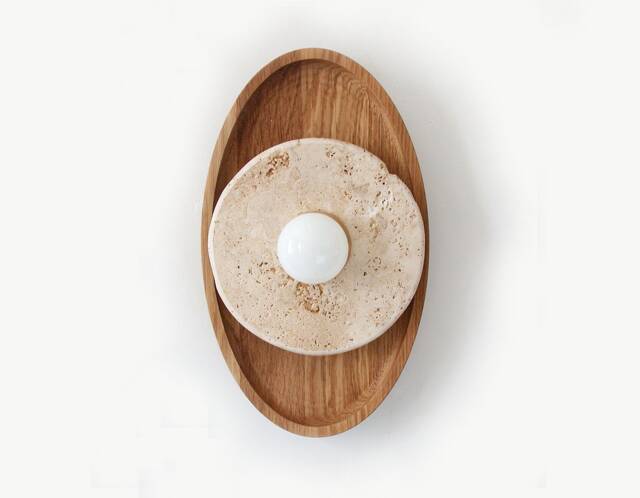 Travertine Stone & White Oak Ellipse Light Fixture Eclectic Sconce Kitchen - image 1
