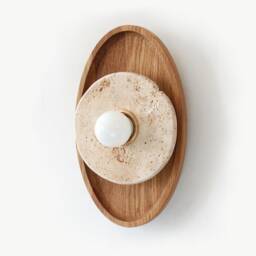 Travertine Stone & White Oak Ellipse Light Fixture Eclectic Sconce Kitchen - thumbnail 2