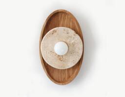 Travertine Stone & White Oak Ellipse Light Fixture Eclectic Sconce Kitchen - thumbnail 1