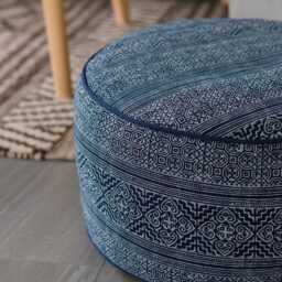 Hill Tribe Indigo Batik Ottoman Pouf, Ethnic Floor Cushion, 20x10 - thumbnail 3