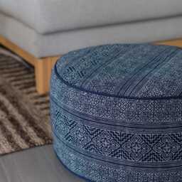 Hill Tribe Indigo Batik Ottoman Pouf, Ethnic Floor Cushion, 20x10 - thumbnail 2