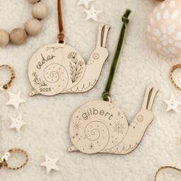 Personalized Wooden Snail Christmas Ornament Custom Name Woodland Keepsake Holiday - thumbnail 2