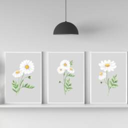 Grey Wall Art, Daisy Prints, Watercolour Floral Bedroom Kitchen Living Room Set Of 3 Art - thumbnail 3