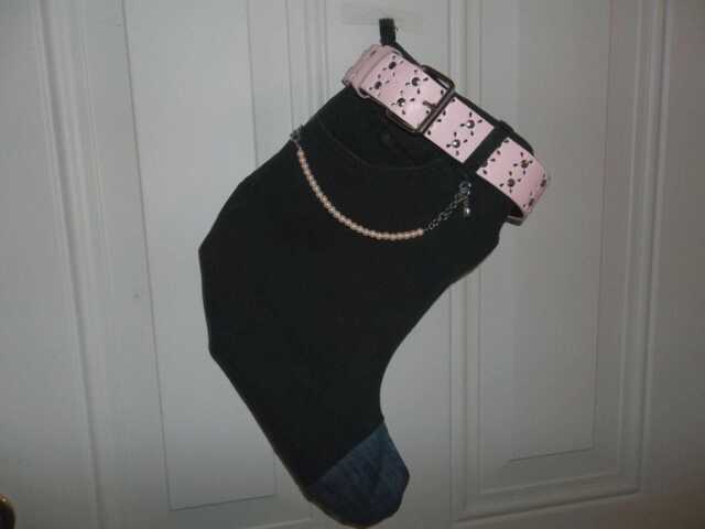 Biker Girl ~ Christmas Stocking One Of A Kind Recycled Black Denim - image 1