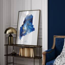 Maine Map Blue & Gold Wall Art Print - Us State United States Of America Usa - thumbnail 2
