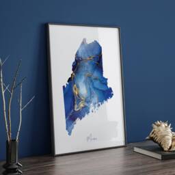 Maine Map Blue & Gold Wall Art Print - Us State United States Of America Usa - thumbnail 3