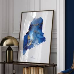 Maine Map Blue & Gold Wall Art Print - Us State United States Of America Usa - thumbnail 1