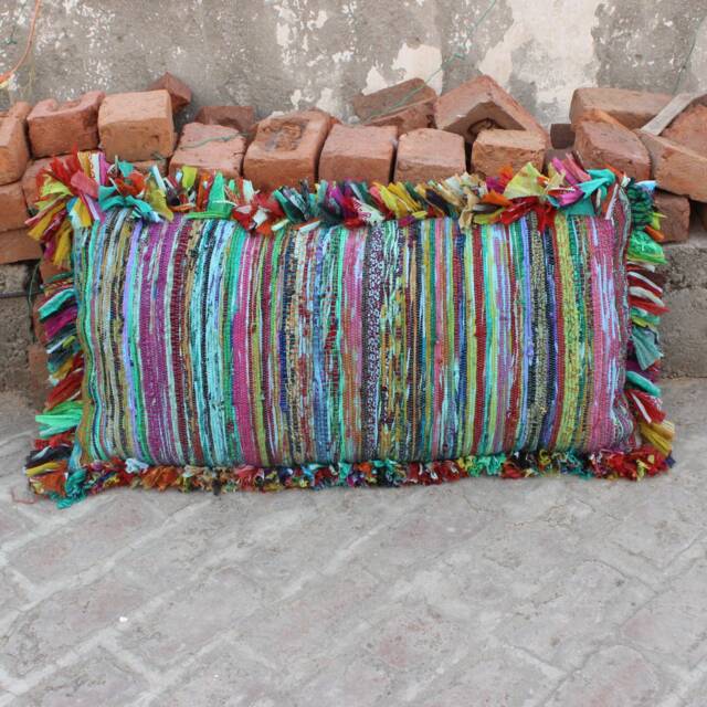 Colorful Boho Lumbar Pillow Cover Handwoven Sari Rug Decor - image 1