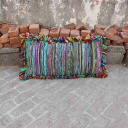 Colorful Boho Lumbar Pillow Cover Handwoven Sari Rug Decor - thumbnail 3