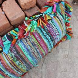 Colorful Boho Lumbar Pillow Cover Handwoven Sari Rug Decor - thumbnail 4