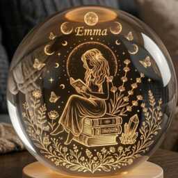 Personalized Book Lover Crystal Ball Night Light, Custom Name Reading Girl Acrylic Plaque, Library Decor, Unique 3D Floral Bookworm Gift - thumbnail 3