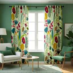 Modern Botanical Curtains, Colorful Floral Print Drapes, Contemporary Design, Custom Made Eyelet, Rod Pocket, Curtain Tape Window Panels - thumbnail 2