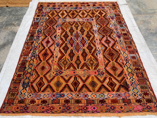 Warm Ochre & Rust Herati Kilim Rug 5??6 Ft - Handwoven Afghan Tribal Flatweave - image 1