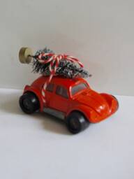 Altered, Vintage, Tonka, Red, Vw, Volkswagen, Beetle, Toy, Collectible, Car, With, Christmas Tree, & Bow, Christmas, Ornament