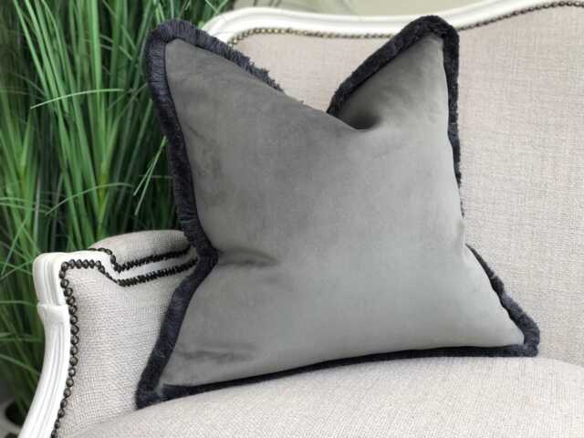 Grey Velvet Fringed Cushion Cover - Customisable Trim Options All Sizes - Slate Grey - image 1