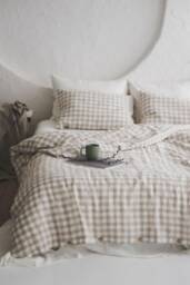 Cozy Checkered Linen Duvet Cover - Vintage Farmhouse Style Bedding For Rustic Charm, King, Queen With Coconut Buttons