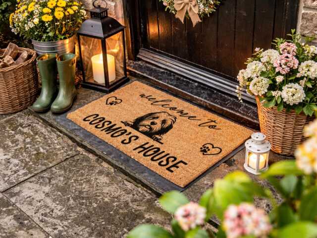 Personalized Dog Mat - Cosmo Name Sign Elegant Scripted Pet Lover Home Decor - image 1