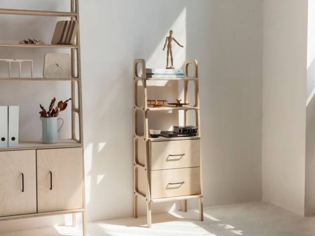 Japandi Bookshelf With Drawers, Low Bookcase Storage 140 cm, Mid Century Modern Ladder Shelf, Wooden, Custom Size - image 1