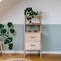 Japandi Bookshelf With Drawers, Low Bookcase Storage 140 cm, Mid Century Modern Ladder Shelf, Wooden, Custom Size - thumbnail 2