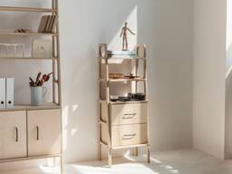 Japandi Bookshelf With Drawers, Low Bookcase Storage 140 cm, Mid Century Modern Ladder Shelf, Wooden, Custom Size