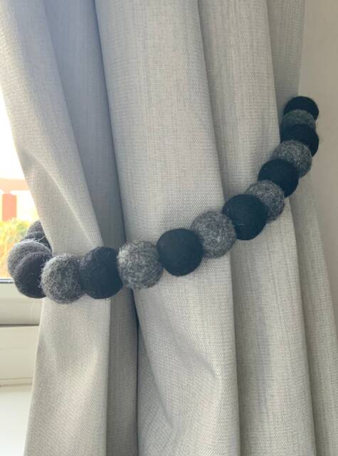 Black & Grey Felt Ball Curtain Tie Backs Wool Back - image 1