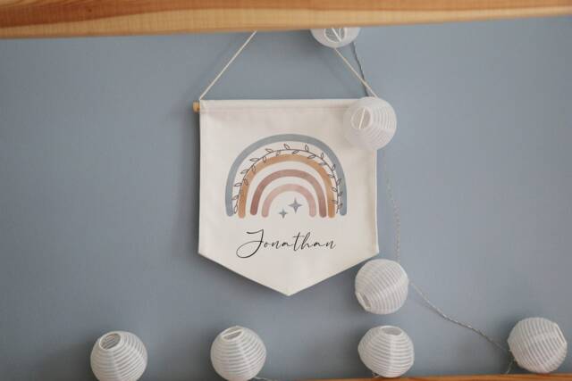 Personalised Wall Banner, Blue Soft Rainbow Flag Name, Name Pennant Cotton Nursery Decoration, Hanging Decor