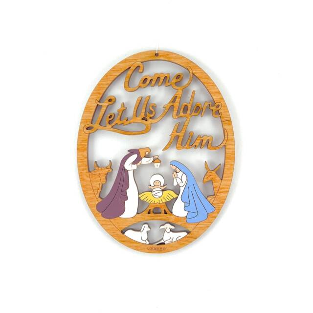 Nativity Christmas Ornament Manger Scene Come Adore Him-Wood, Laser Cut, Hand Painted - image 1