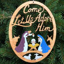 Nativity Christmas Ornament Manger Scene Come Adore Him-Wood, Laser Cut, Hand Painted - thumbnail 2