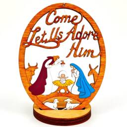Nativity Christmas Ornament Manger Scene Come Adore Him-Wood, Laser Cut, Hand Painted - thumbnail 3