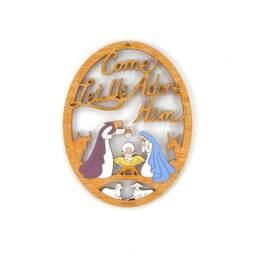 Nativity Christmas Ornament Manger Scene Come Adore Him-Wood, Laser Cut, Hand Painted - thumbnail 1
