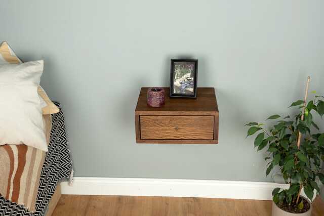 Floating Nightstand With Drawer in Solid Oak - Modern Metal Handle - image 1