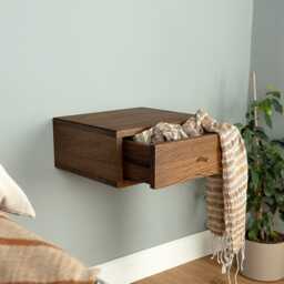 Floating Nightstand With Drawer in Solid Oak - Modern Metal Handle - thumbnail 4