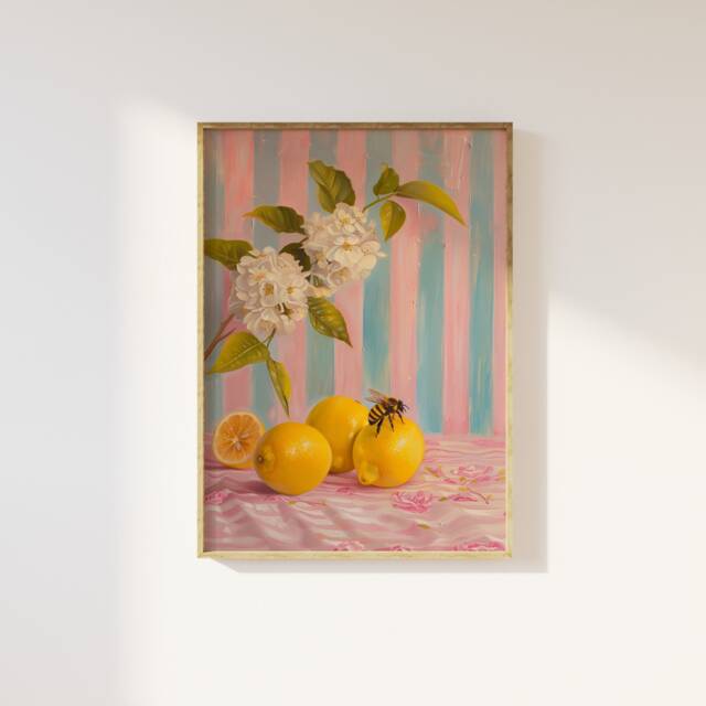 Lemons & Bumble Bee Kitchen Print, Mediterranean Poster, Wall Art, Farmhouse Country Aesthetic Summer Citrus Fruit Flowers - image 1