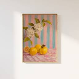 Lemons & Bumble Bee Kitchen Print, Mediterranean Poster, Wall Art, Farmhouse Country Aesthetic Summer Citrus Fruit Flowers - thumbnail 1