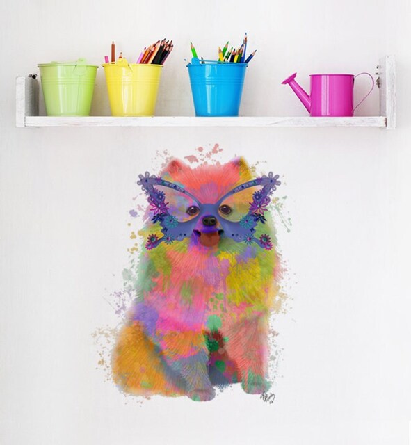 Rainbow Pomeranian With Glasses Wall Sticker Decal - Kids Stickers, Animals Childrens Decals, Art, Room