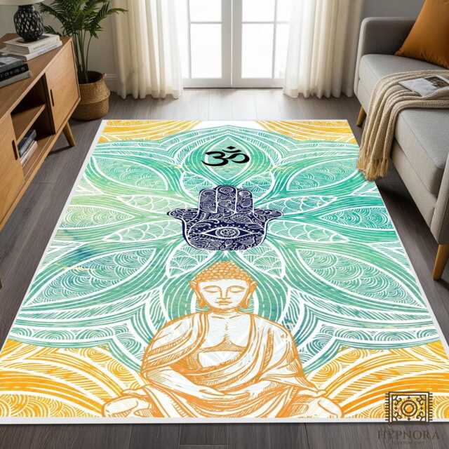Buddha Hamsa Yoga Mat, Teal Gold Meditation Rug - image 1