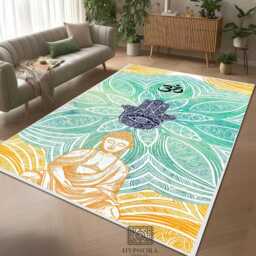 Buddha Hamsa Yoga Mat, Teal Gold Meditation Rug - thumbnail 2