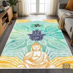 Buddha Hamsa Yoga Mat, Teal Gold Meditation Rug