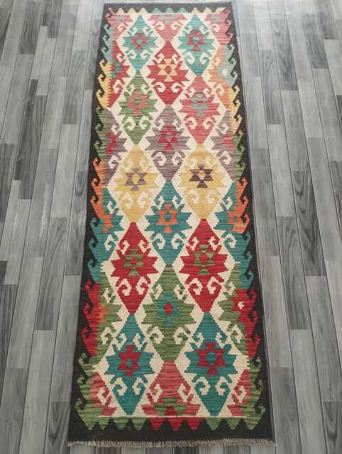 Handmade Tribal Wool Runner, Multicolour Artisan Afghan Turkish Persian Qashqai Moroccan Navajo Flatweave Kilim Rug 241x83 cm - image 1