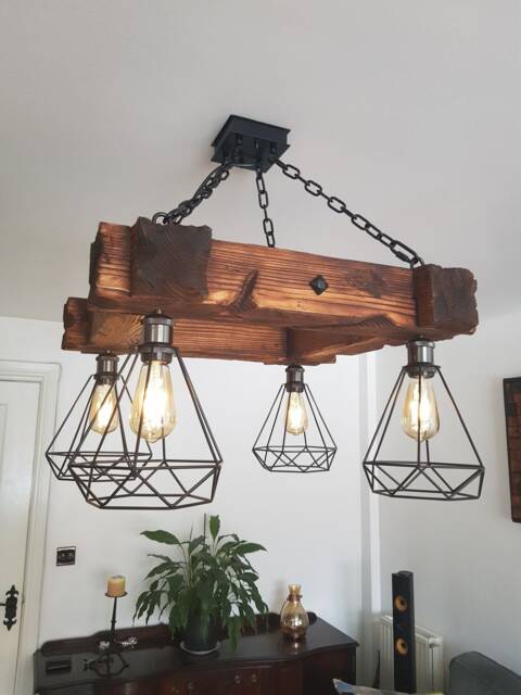 Handmade Wooden Beam Chandelier Rustic Farmhouse Industrial Lighting - image 1