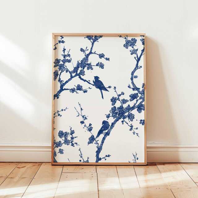 Blue Blossom Bird Print, Chinese Ink Style Wall Art, Minimalist Nature Poster, Asian Botanical Line Unframed Modern Decor - image 1