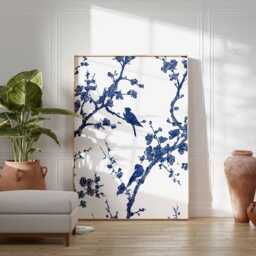 Blue Blossom Bird Print, Chinese Ink Style Wall Art, Minimalist Nature Poster, Asian Botanical Line Unframed Modern Decor - thumbnail 2