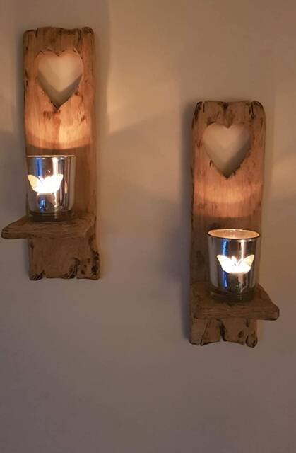Wooden Candle Sconces. Pair Of Rustic Solid Oak Wall Sconces Handmade With Heart Cut Out Detail . Size 30 X 12Candles/Glass Etc Not Included - image 1