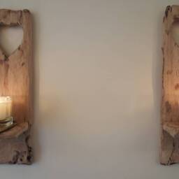 Wooden Candle Sconces. Pair Of Rustic Solid Oak Wall Sconces Handmade With Heart Cut Out Detail . Size 30 X 12Candles/Glass Etc Not Included - thumbnail 3