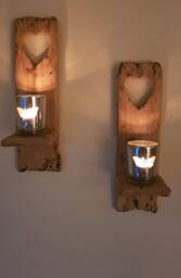 Wooden Candle Sconces. Pair Of Rustic Solid Oak Wall Sconces Handmade With Heart Cut Out Detail . Size 30 X 12Candles/Glass Etc Not Included - thumbnail 1